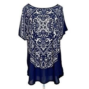 Roz & Ali 1X Women's Navy White Abstract Tunic Top Blouse‎ Career Flowy Stretch